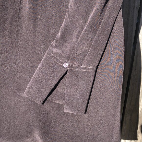 Ecru Medium Silk Blouse Top Brown V Neck Long Sleeve Pleated Button Cuffs - Picture 6 of 8